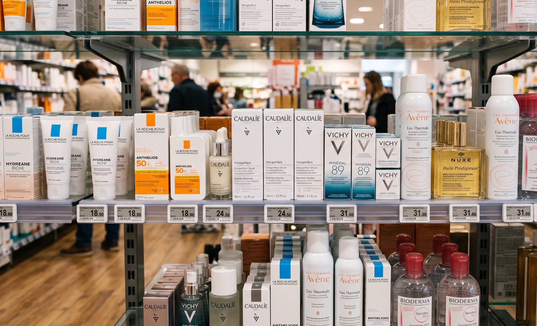 Cosmetics and skincare shelves