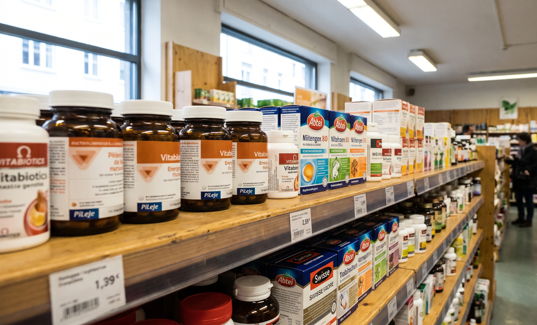 Supplement shelves in a European pharmacy